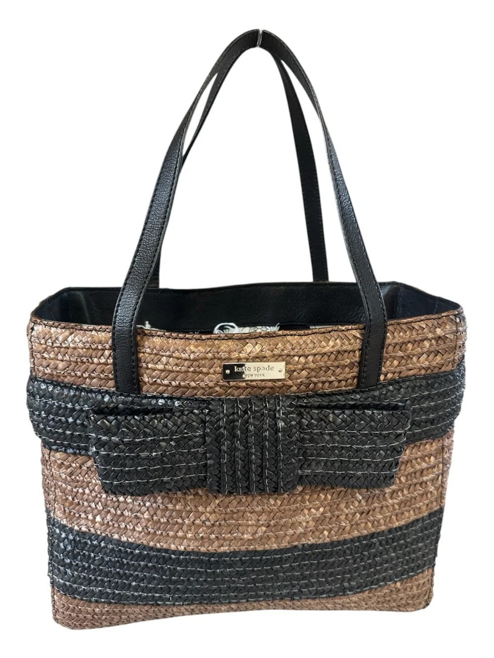 Kate Spade Straw Tote Bow Handbag Brown Black Woven Medium Shoulder Bag